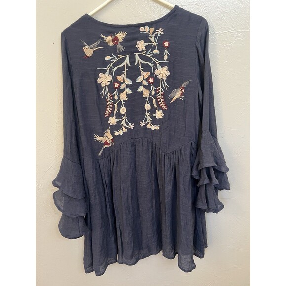 UMGEE Blue  Embroidered  Boho Bell Sleeve Crew Neck Women's Size S Shift Dress - Picture 7 of 11